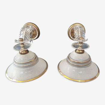 Pair of vintage sconces in sandblasted and gilded glass