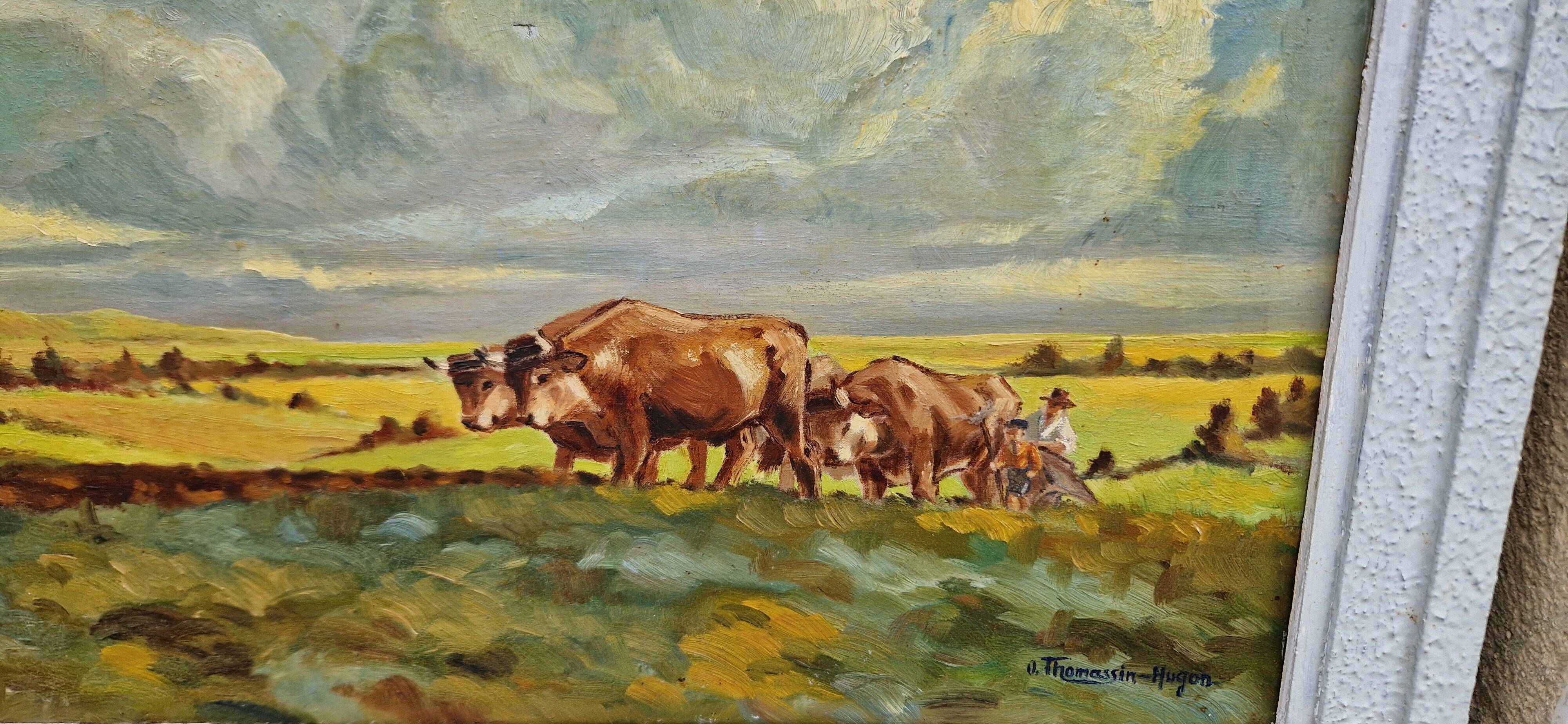 Oil painting landscape and herd of cows