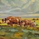 Oil painting landscape and herd of cows