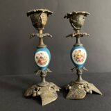Pair of Napoleon III candlesticks in bronze and floral porcelain