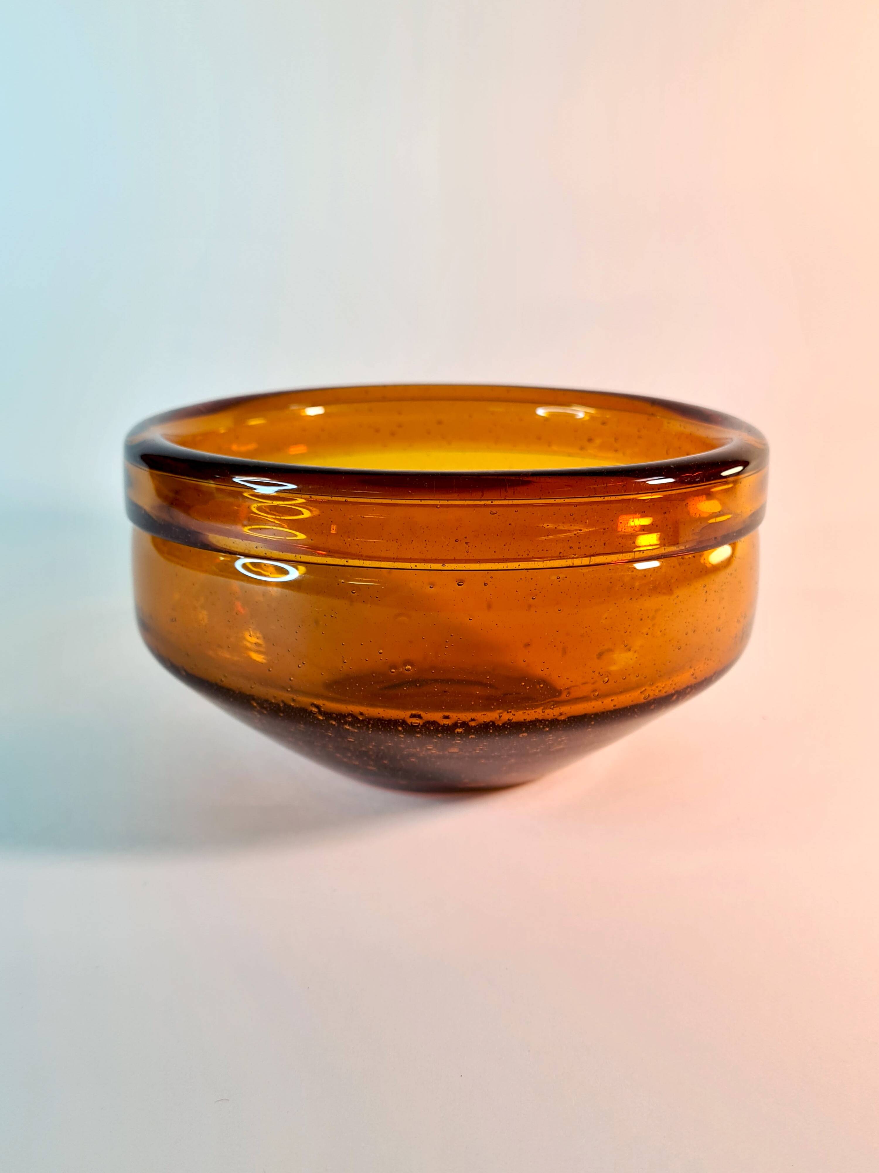 Vintage amber blown glass bowl - decorative bubbles