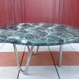 Round coffee table in green marble and chrome / vintage base 60s-70s