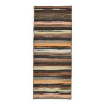 1970s Vintage Turkish Oushak Handmade Wool Cotton Brown Runner Rug 140x343