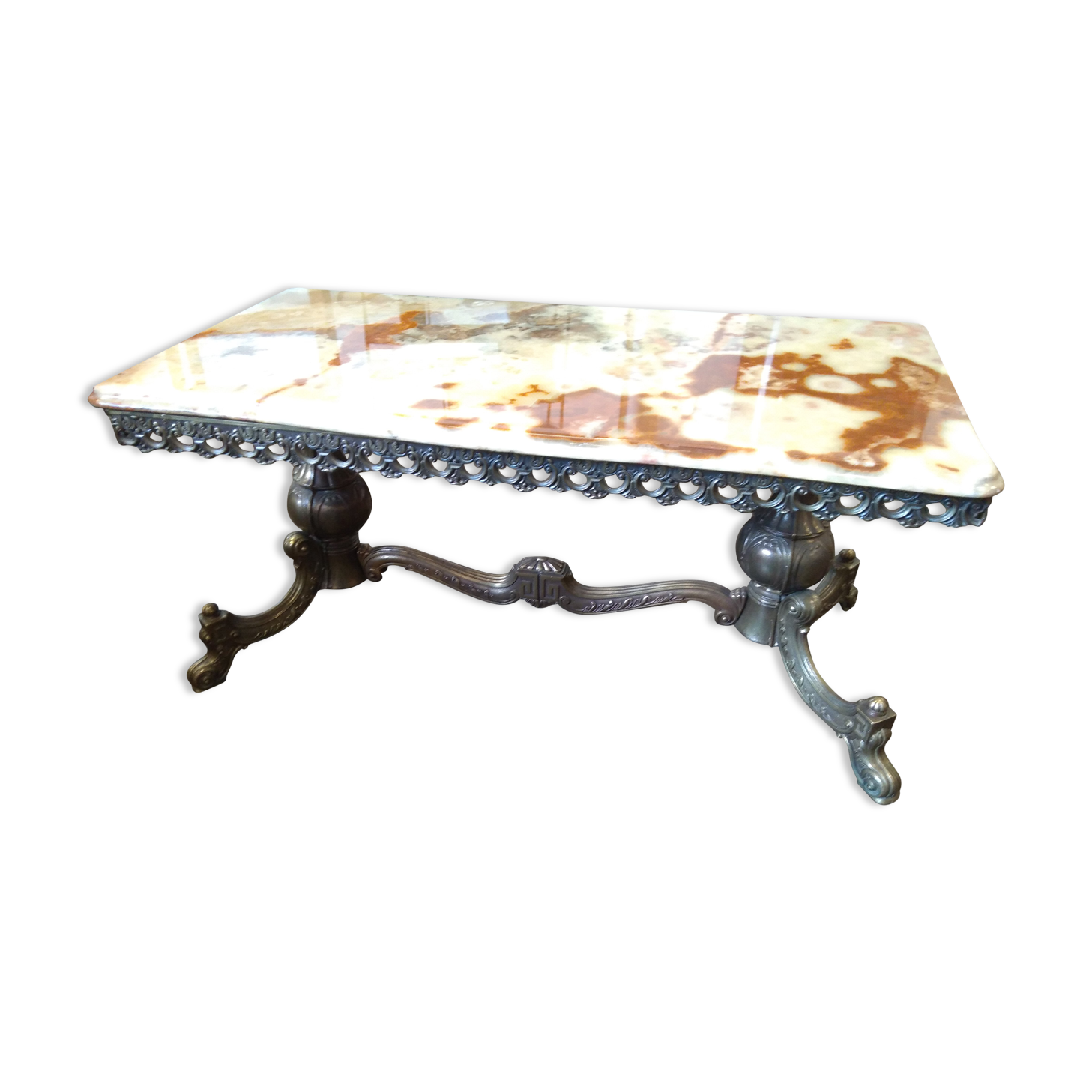 Wrought iron coffee table, marble top