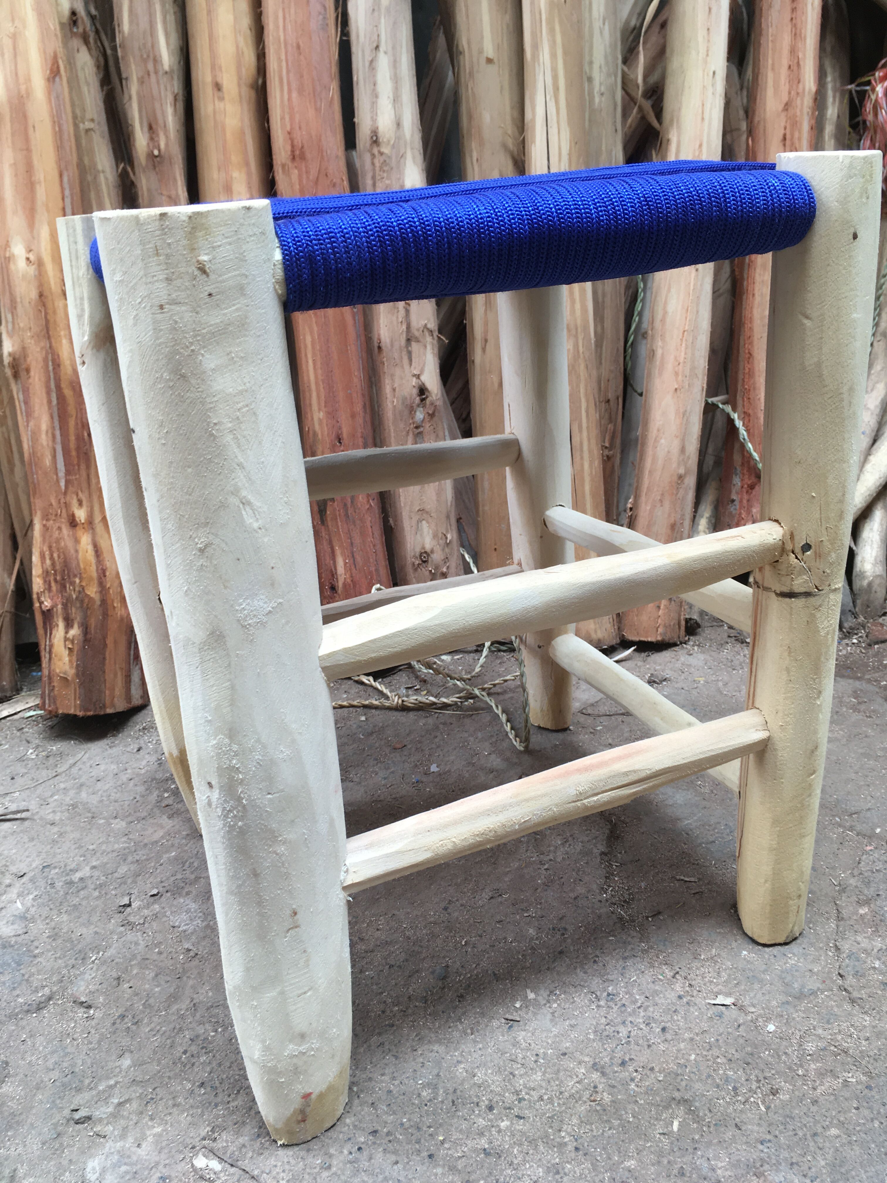 Traditional moroccan stool in nylon thread blue majorelle and eucalyptus wood