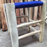 Traditional moroccan stool in nylon thread blue majorelle and eucalyptus wood