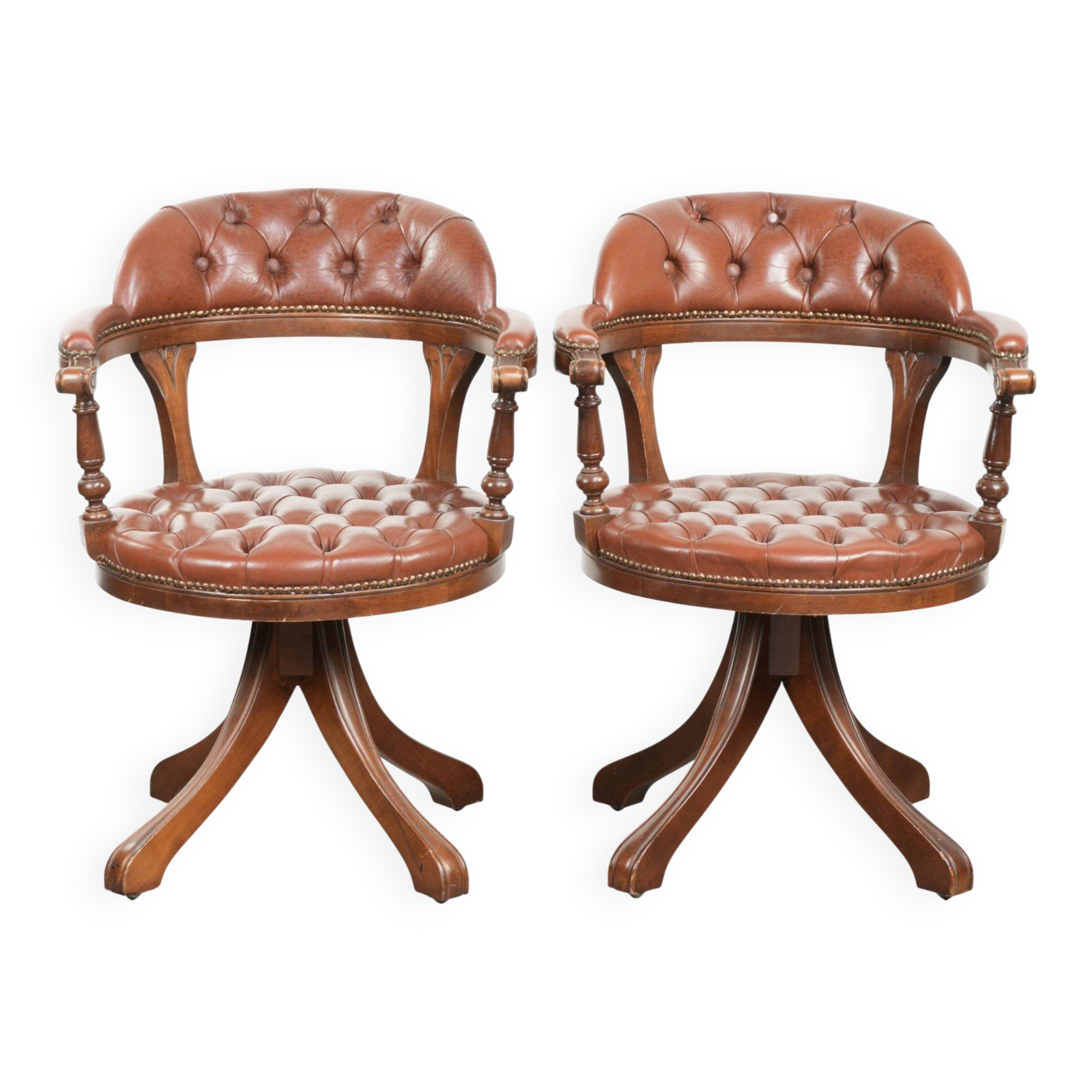 Set of 2 swivel cowhide English style chesterfield office chairs