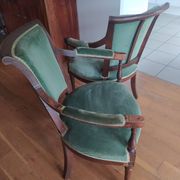 pair of Directoire armchairs in walnut, early 19th century, green velvet