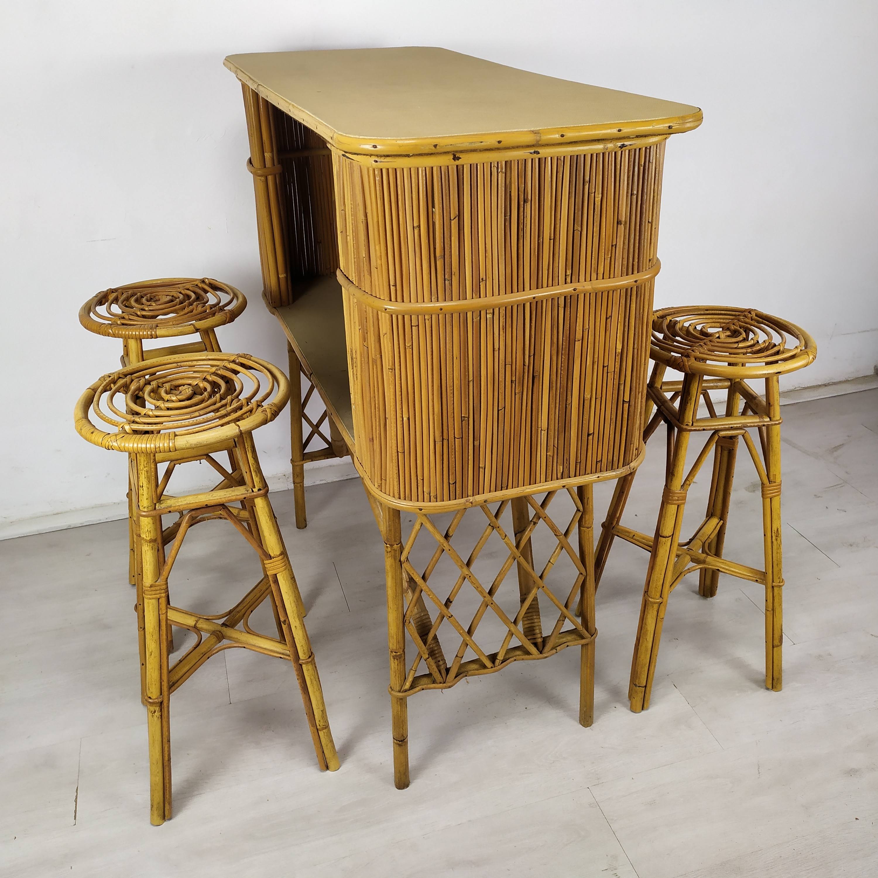 Vintage rattan bar and stools