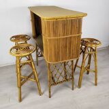 Vintage rattan bar and stools