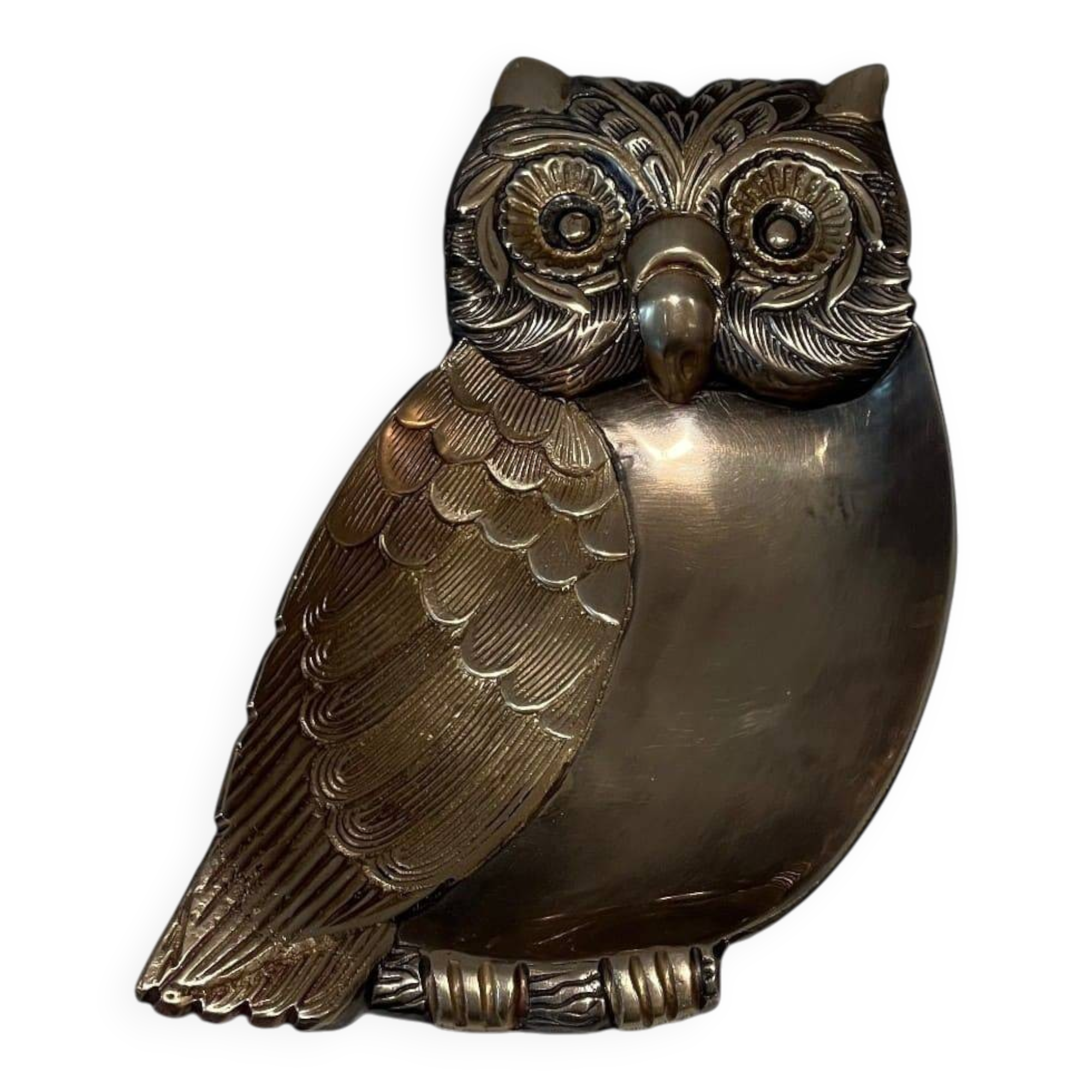 Brass Owl Catchall with Chiseled Feather Decoration. Italian Work in the