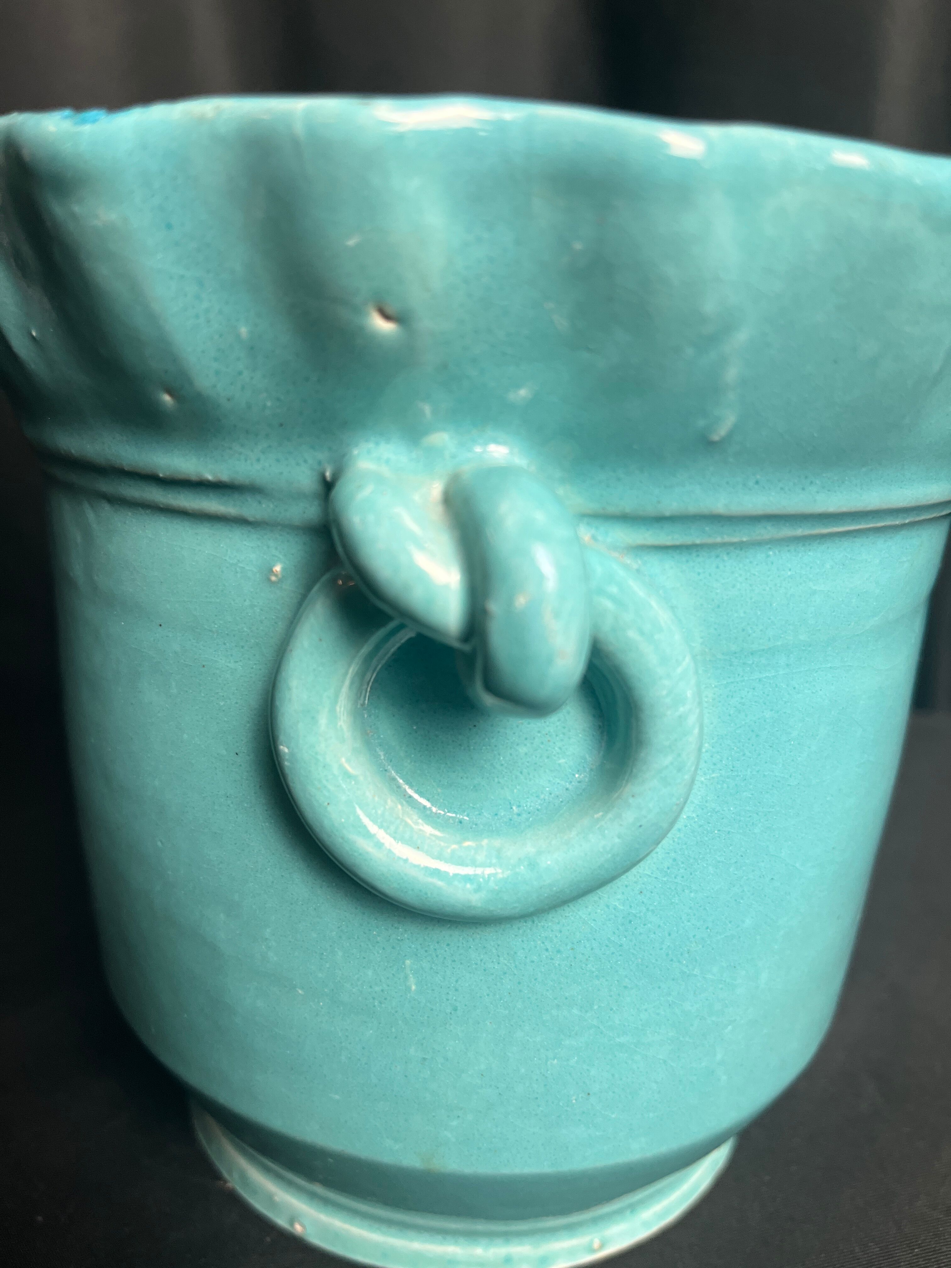 Turquoise ceramic cache pot signed Yvon Roy circa 1950