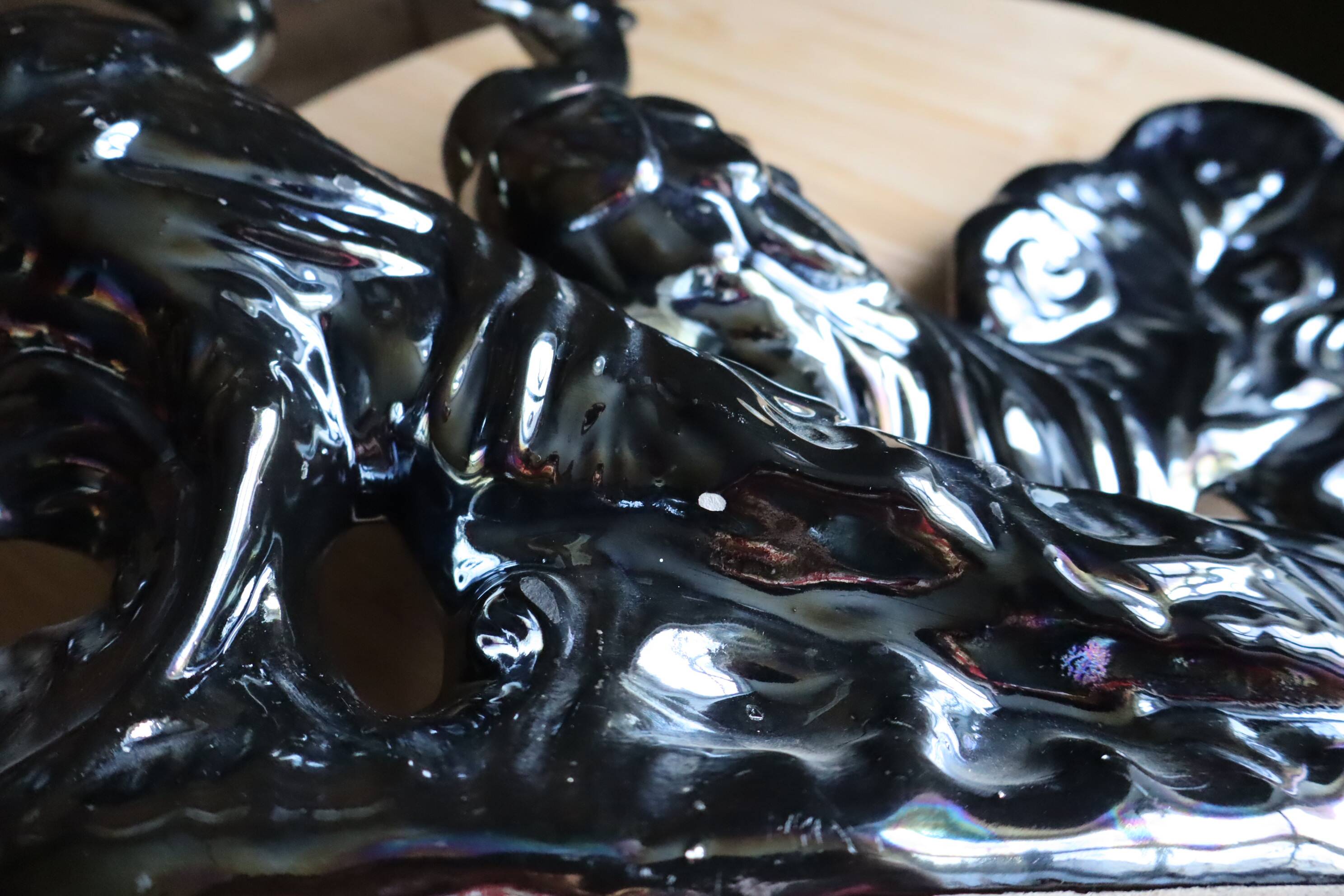 Large iridescent black ceramic peacock sculpture - 1970s