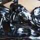 Large iridescent black ceramic peacock sculpture - 1970s