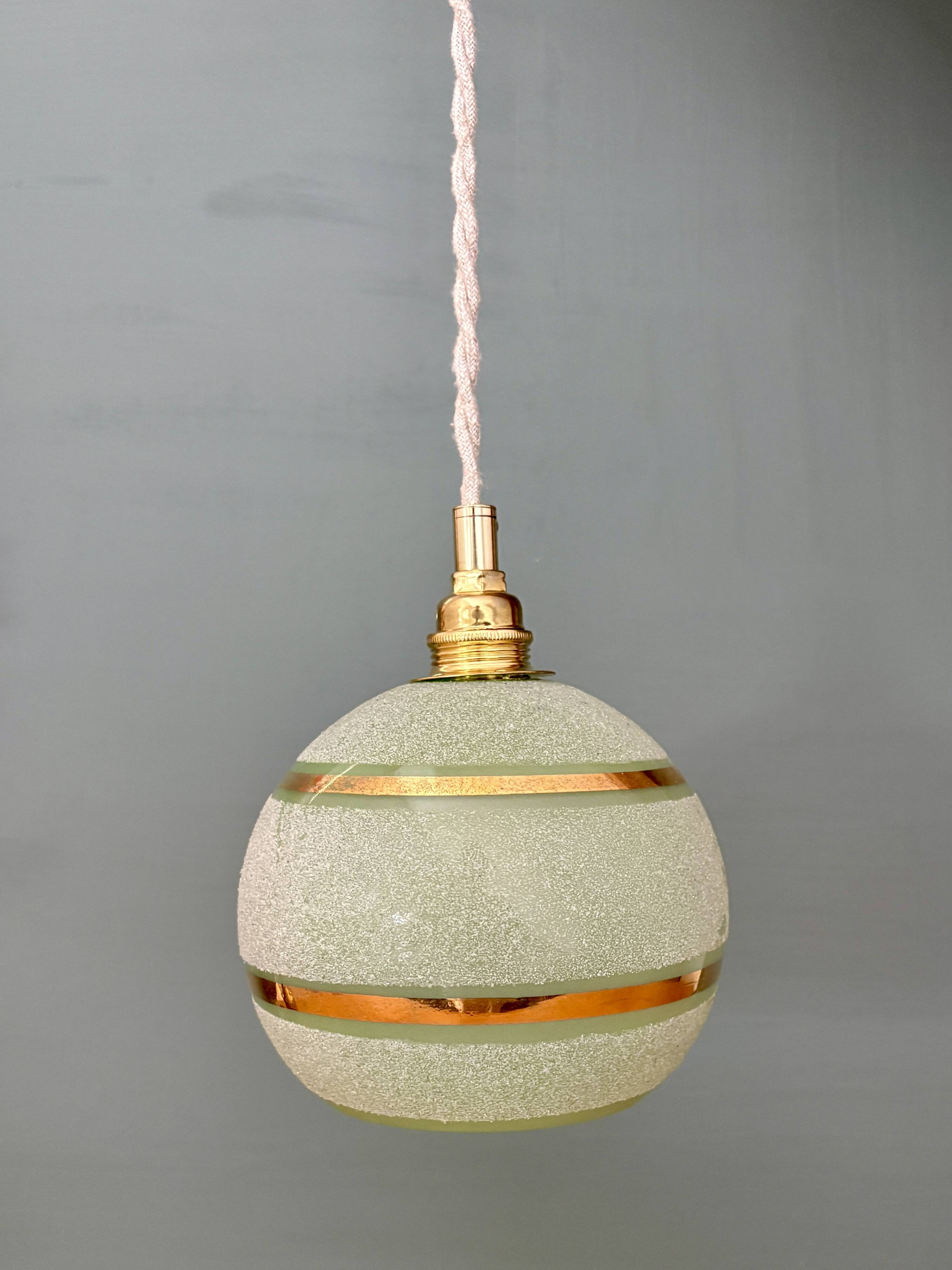 Vintage globe pendant light in green and gold granite glass