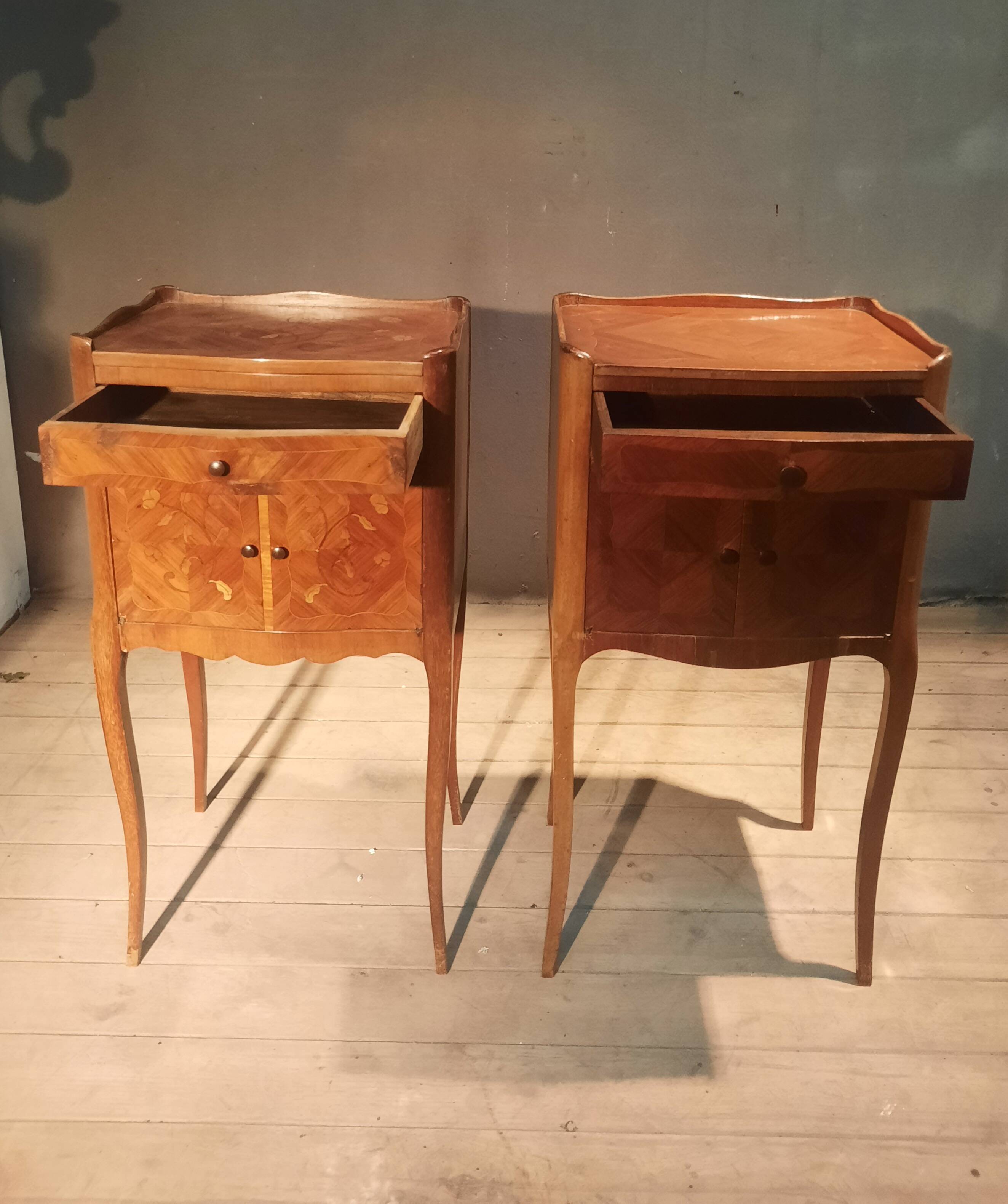 2 bedside tables with Louis XV style marquetry doors