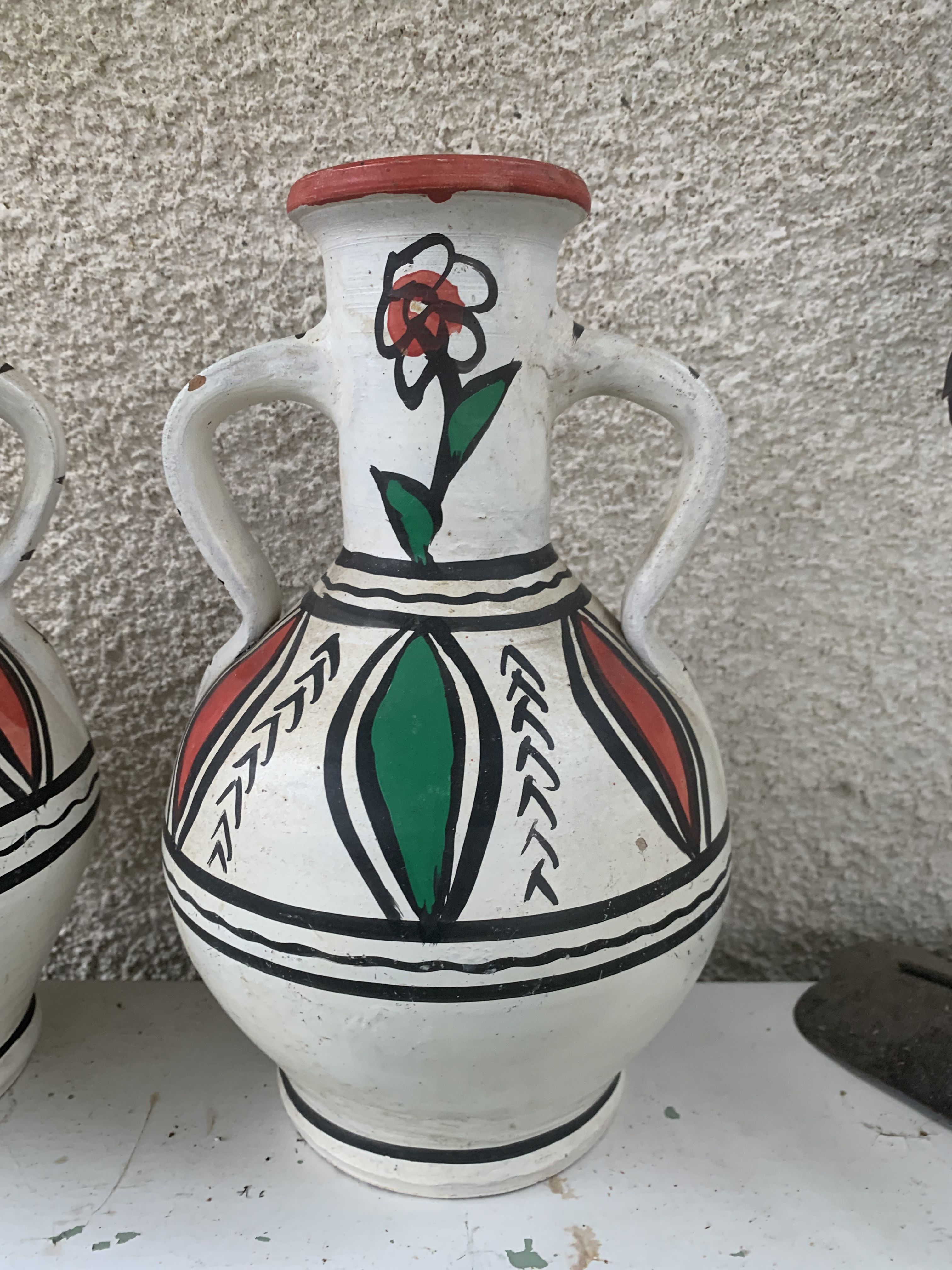 Pair of amphora vase, vintage artisanal and oriental pottery