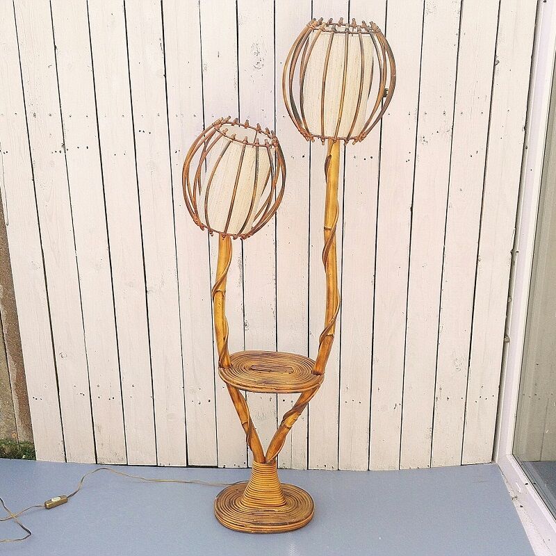 Rattan lamppost, 2 lights and tablet, vintage