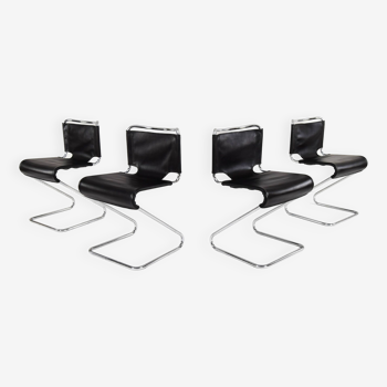 Pascal Mourgue set of Four Black Mid Century Modern Biscia Chairs France 70s