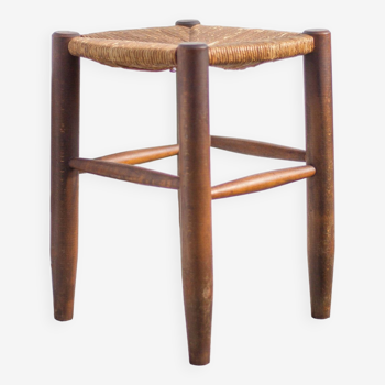 Tabouret vintage français des années 50, tabouret bois et paille, tabouret paillé, siège d'appoint,