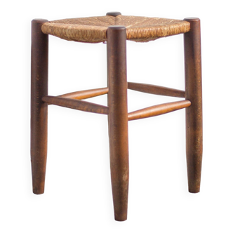 Tabouret vintage français des années 50, tabouret bois et paille, tabouret paillé, siège d'appoint,