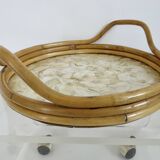 Plateau rond en bambou et nacre Capiz des Philippines, made in Italy, 1970