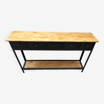 Console five drawers black patina oak and metal