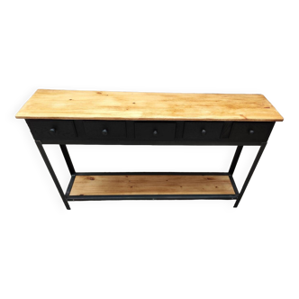 Console five drawers black patina oak and metal