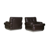 Pair of armchairs brown leather base stainless steel, France, circa 1970