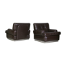 Pair of armchairs brown leather base stainless steel, France, circa 1970