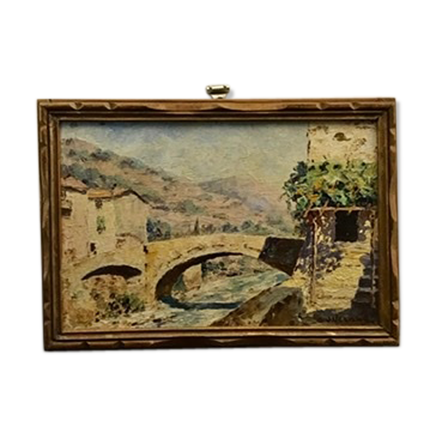 Ancient painting, landscape, escarene bridge, signed Joseph Vernay (1864-1950)