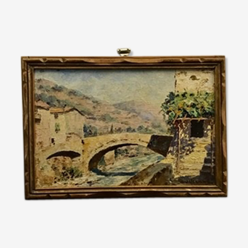 Ancient painting, landscape, escarene bridge, signed Joseph Vernay (1864-1950)