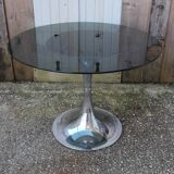 round table with tulip base, chrome and smoked glass