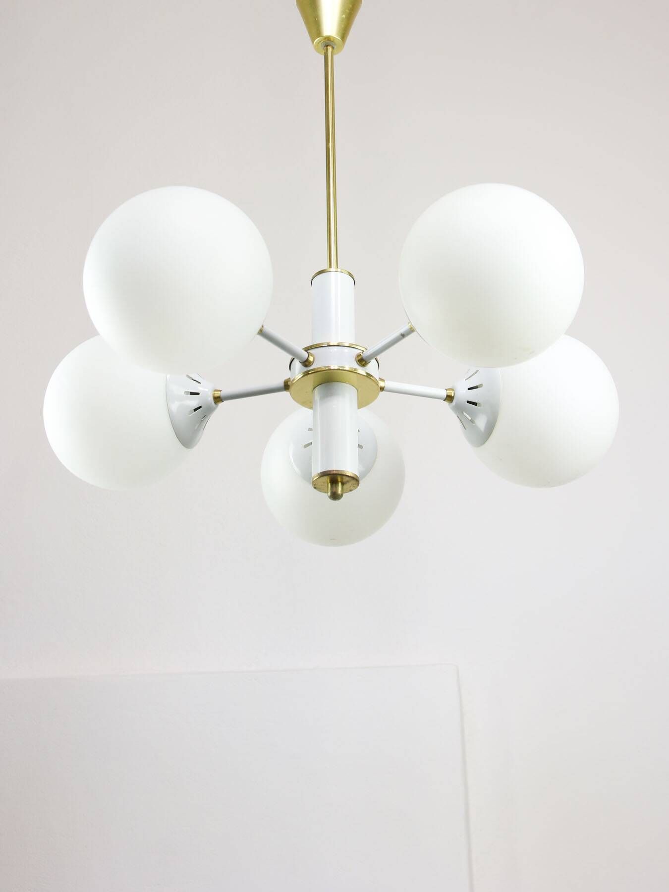 Vintage Italian Brass and Opaline Sputnik Chandelier, 1970s