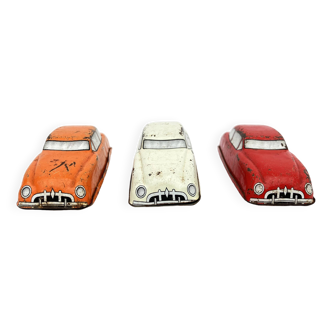 3 old small tin circuit cars with lead wheels • Vintage • 1960s