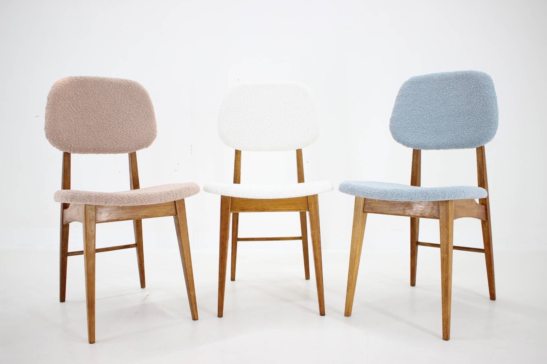 1960s Set of Three Oak Dining Chairs in Boucle, Czechoslovakia