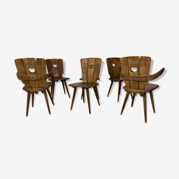 Ensemble de 6 chaises de salle à manger en bois brutalistes du milieu du siècle années 1950