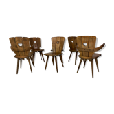 Set de 6 chaises de salle à manger en bois brutalistes des années 1950.