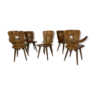 Ensemble de 6 chaises de salle à manger en bois brutalistes du milieu du siècle années 1950