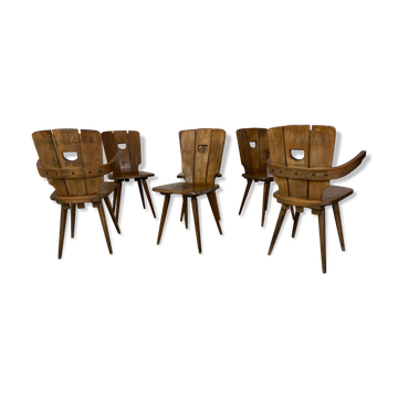 Set de 6 chaises de salle à manger en bois brutalistes des années 1950.