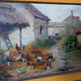 Oil painting on canvas Edmond Van Coppenolle (1846-1914) Landscape with chickens