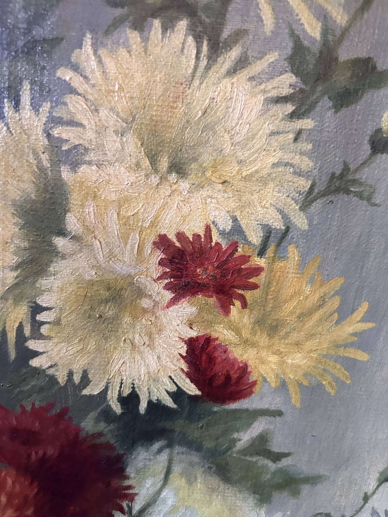 Large antique painting – Oil on canvas signed with chrysanthemums – Period 1900 – Decorative softness