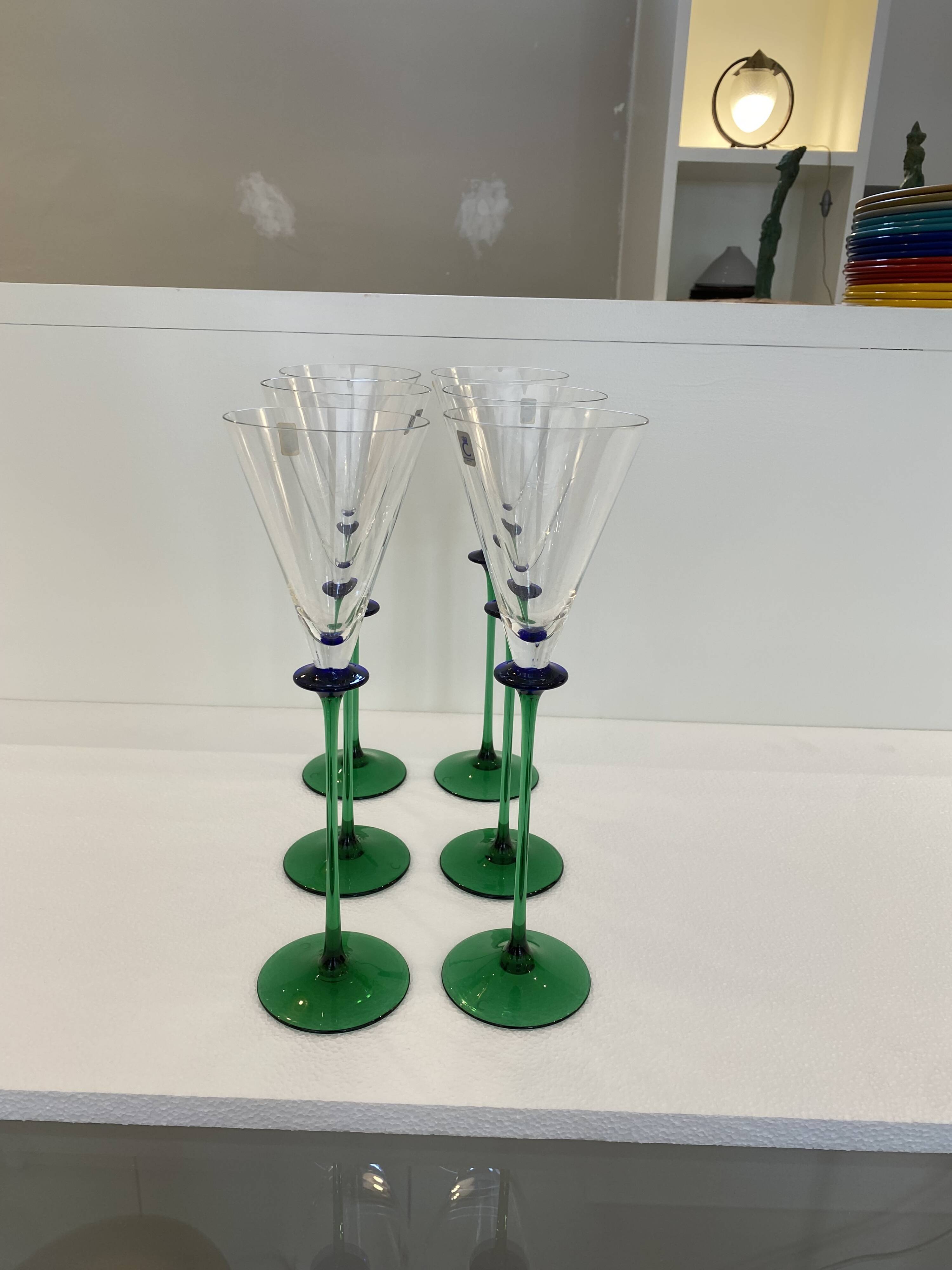 A Set of 6 Hand-blown Emerald Green Cobalt Blue Stem Champagne Flutes Art