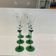 A Set of 6 Hand-blown Emerald Green Cobalt Blue Stem Champagne Flutes Art