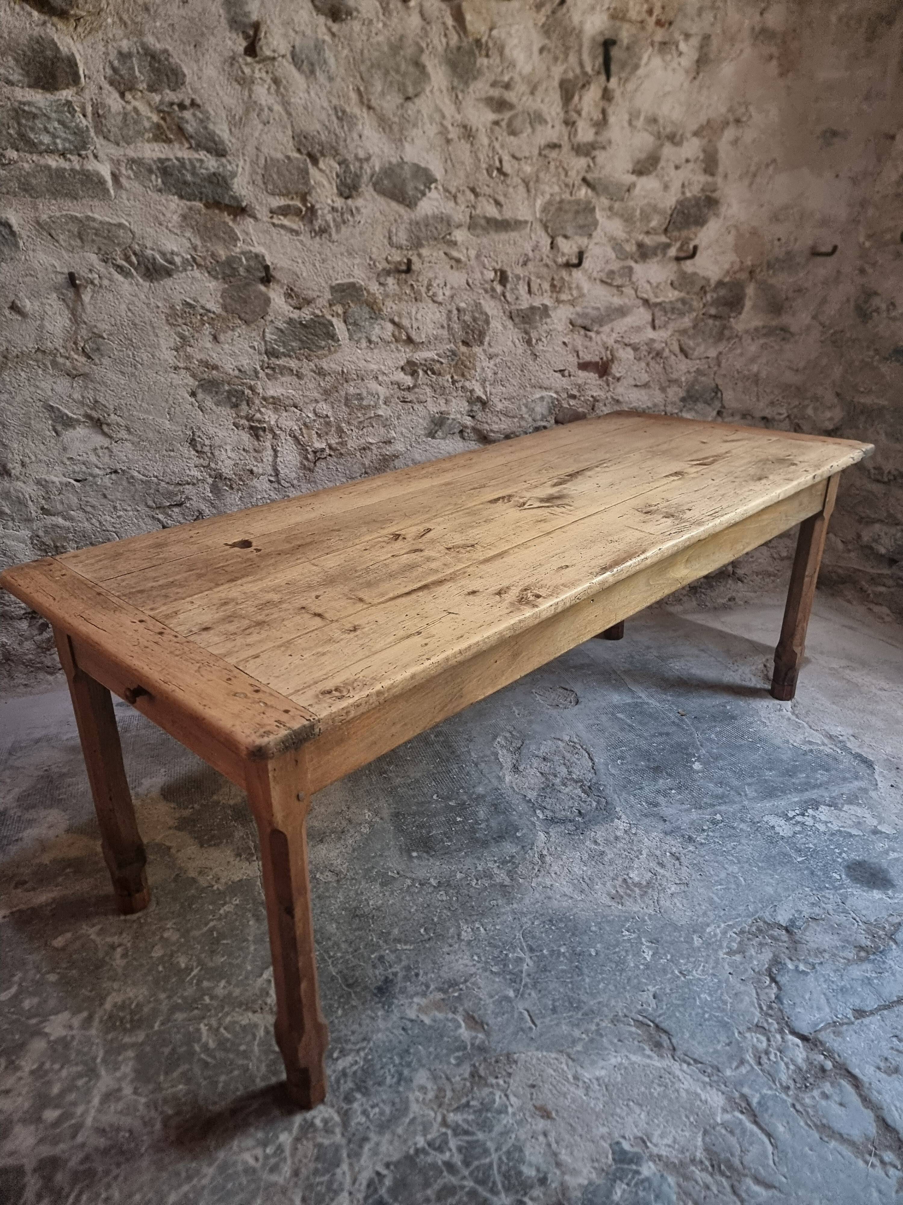 Old farmhouse dining table, rustic kitchen, poplar top, chestnut base, two drawers, 1800–1850.