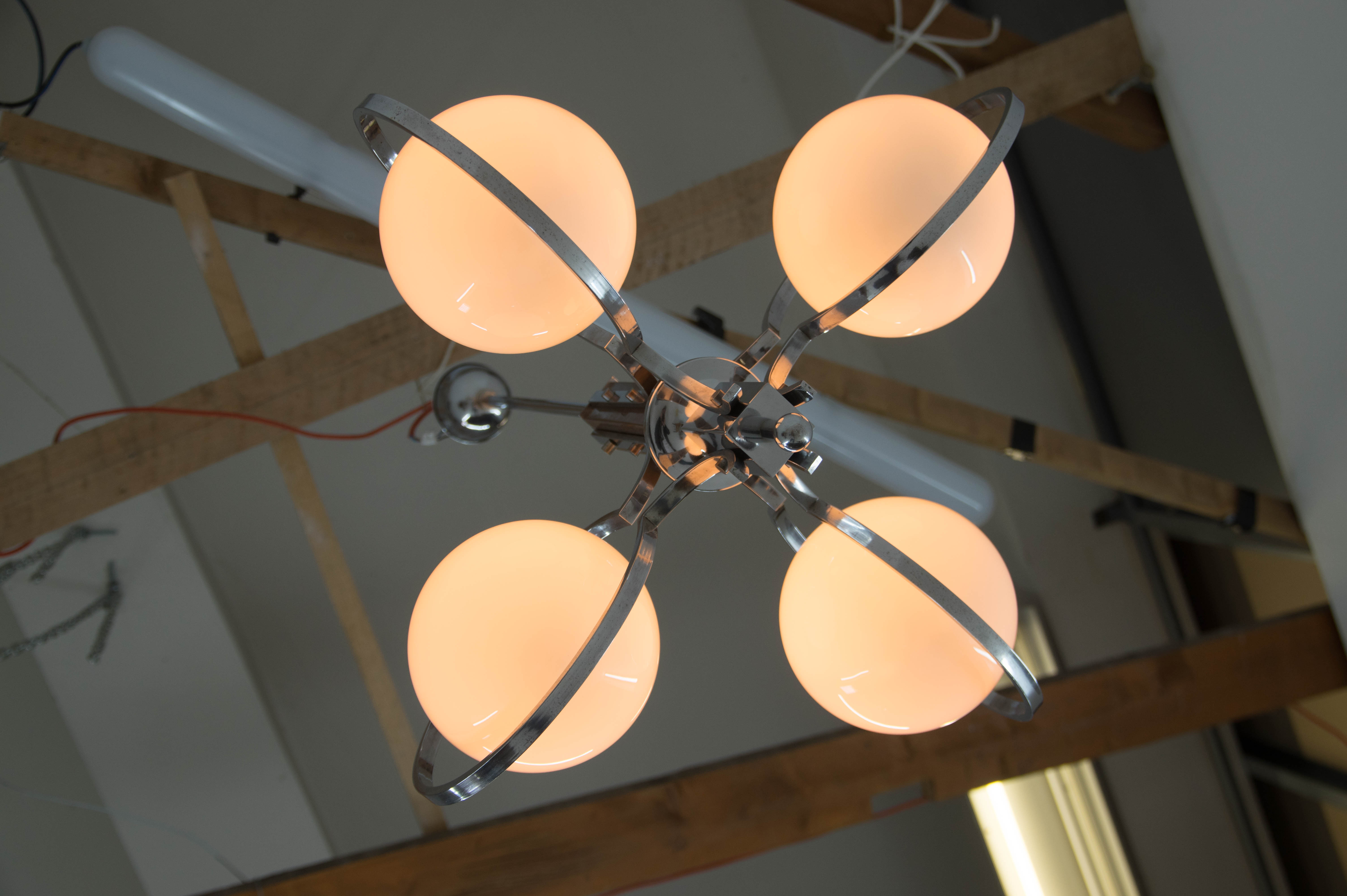 Art deco opaline glass wood and chrome chandelier, 1930s