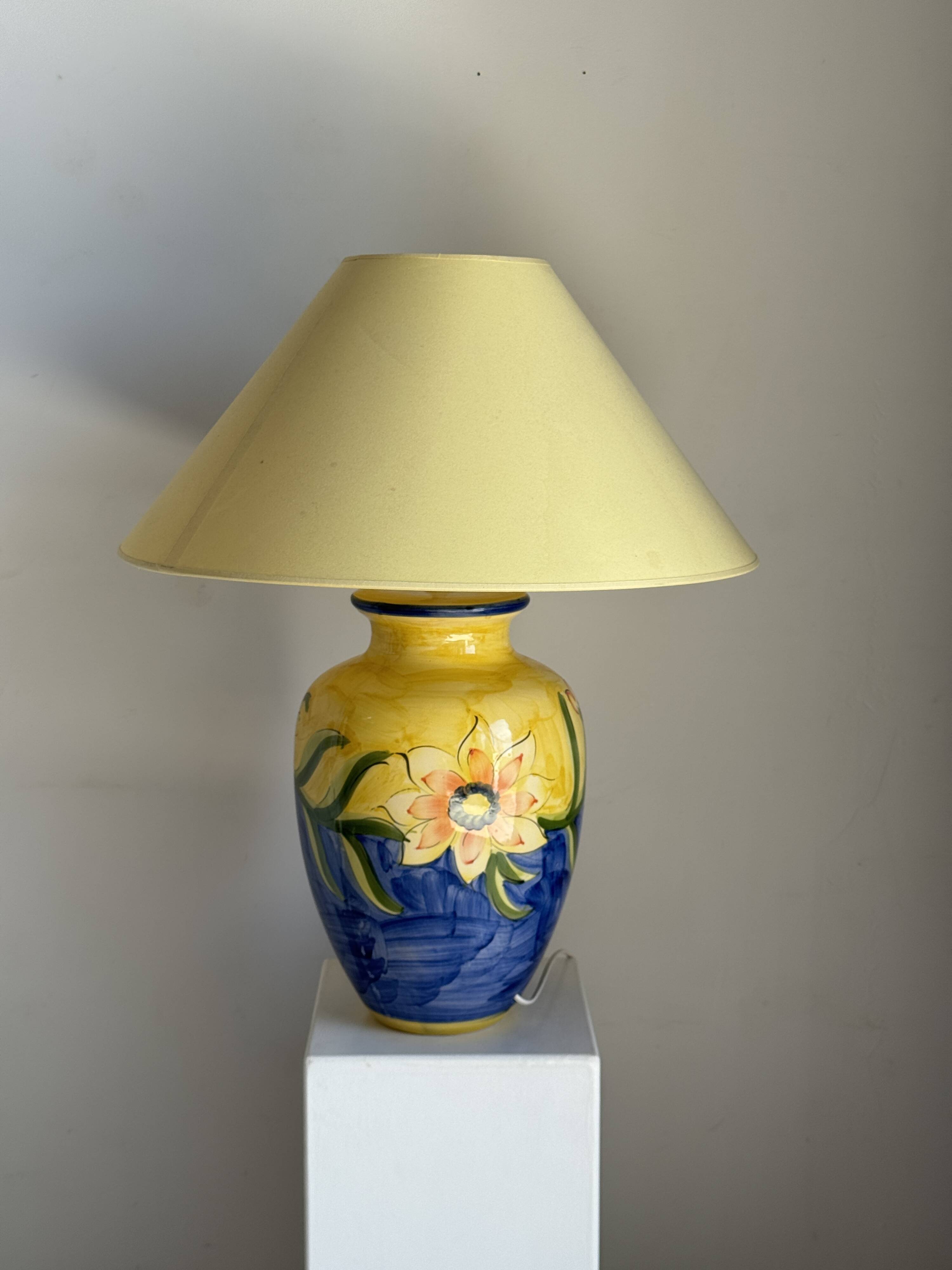 Large blue and yellow lamp with floral patterns H60