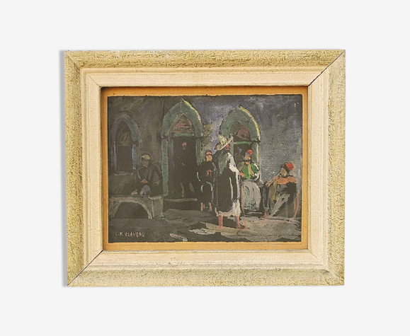 Tableau huile sur carton orientaliste J.M Claveau Un soir de Ramadan