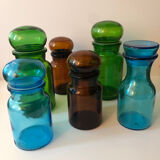 6 vintage colorful jars