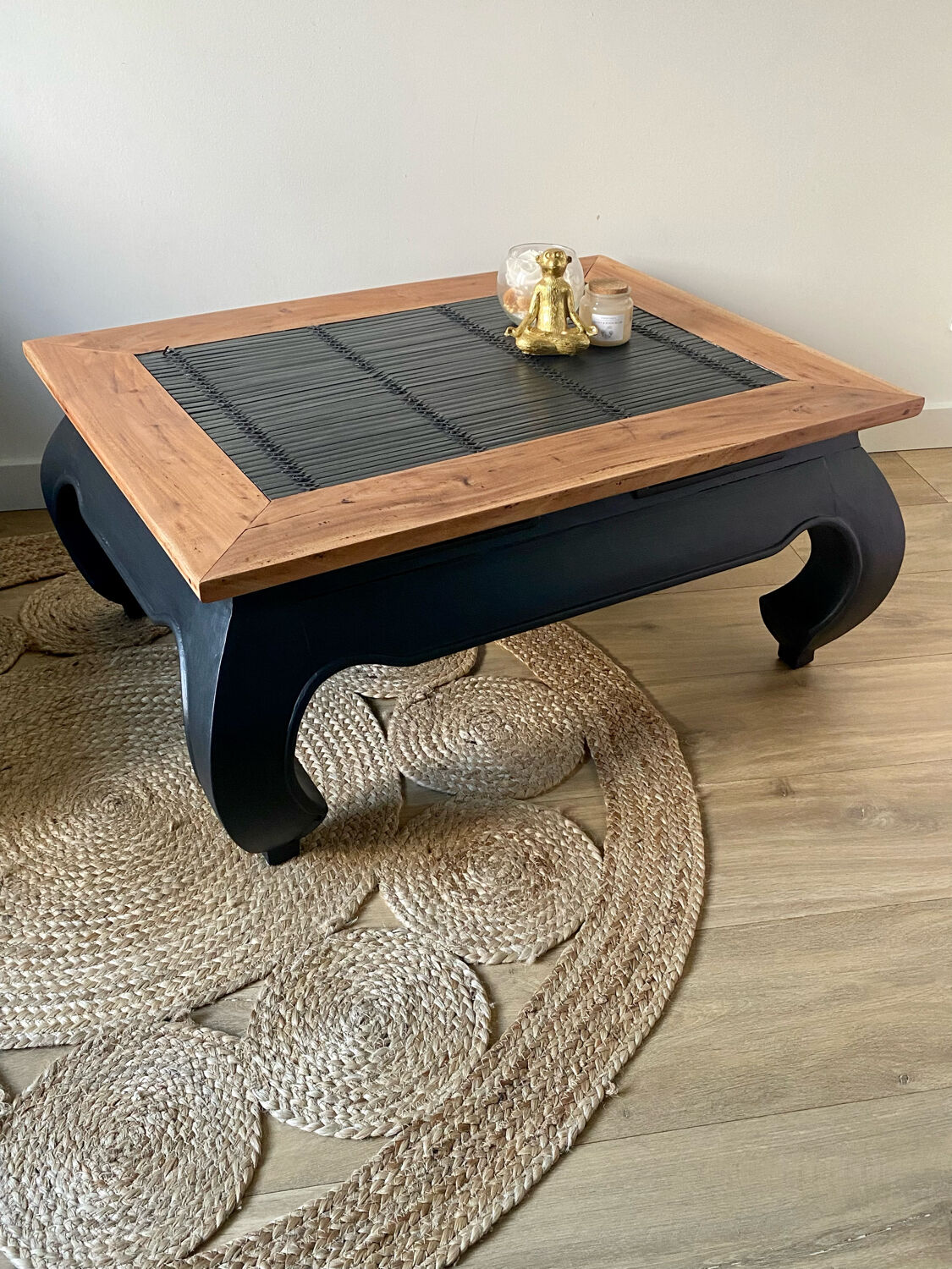 Black Opium and wood coffee table